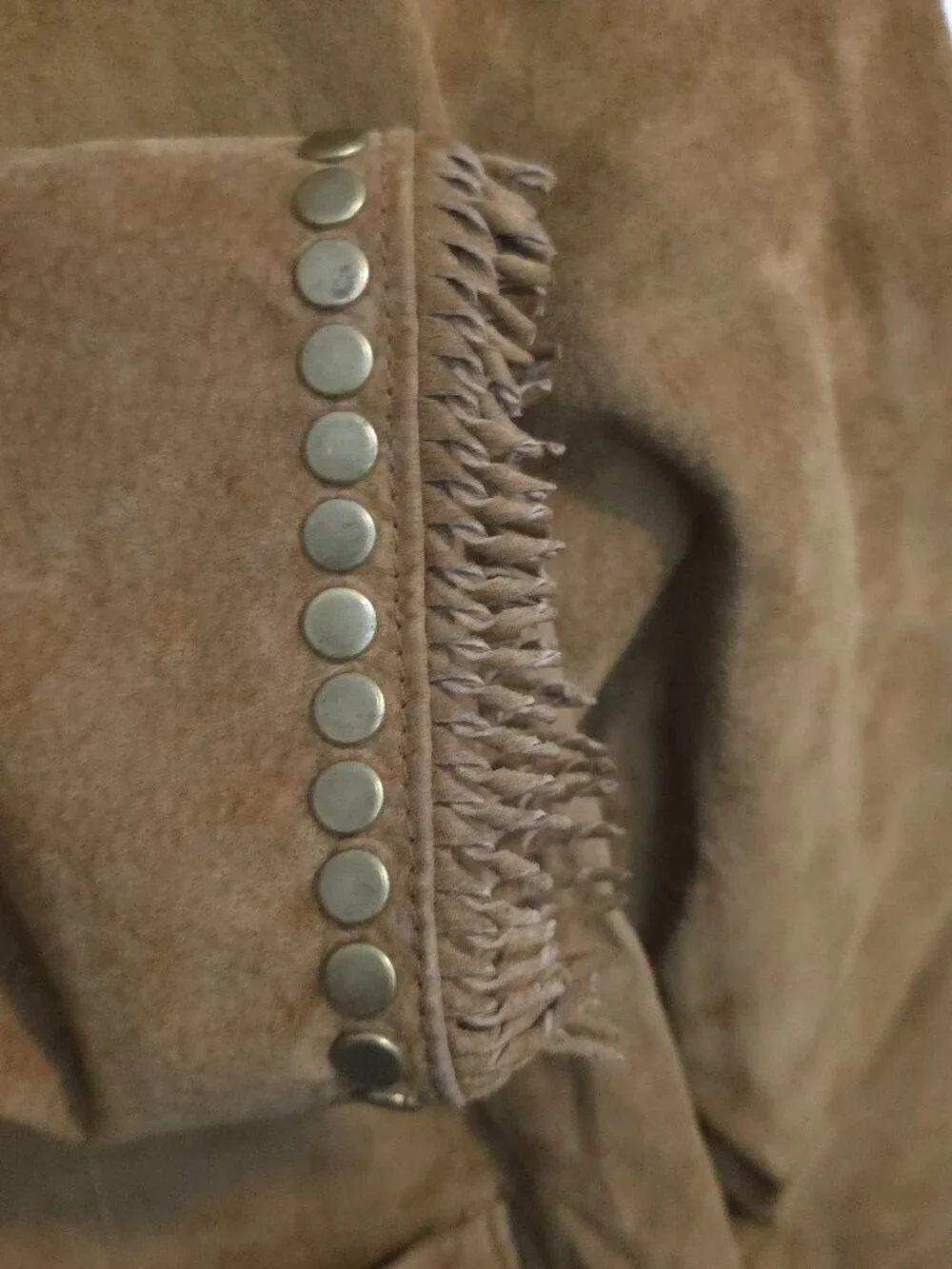 Double D Ranch Tan Brown Fringe & Studded Suede Leather Jacket - Woman's Size L - Picture 8 of 12